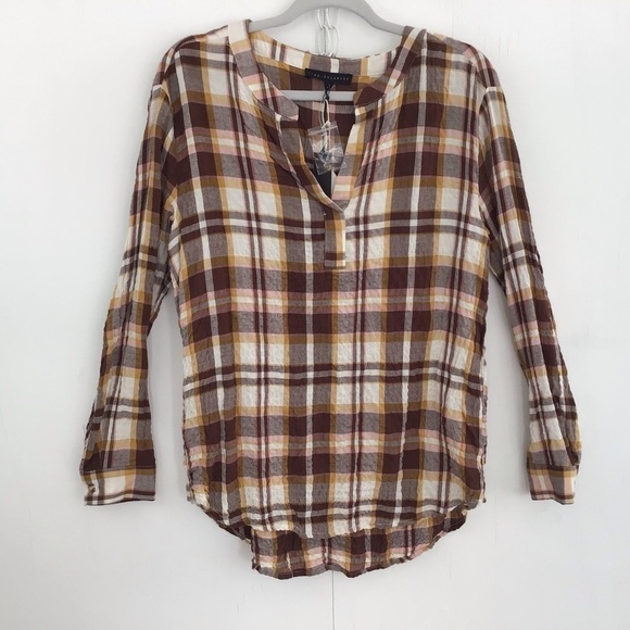 Jane & Delancey brown plaid wrinkled rayon open neck long sleeve tunic S -M NWT - Picture 1 of 7
